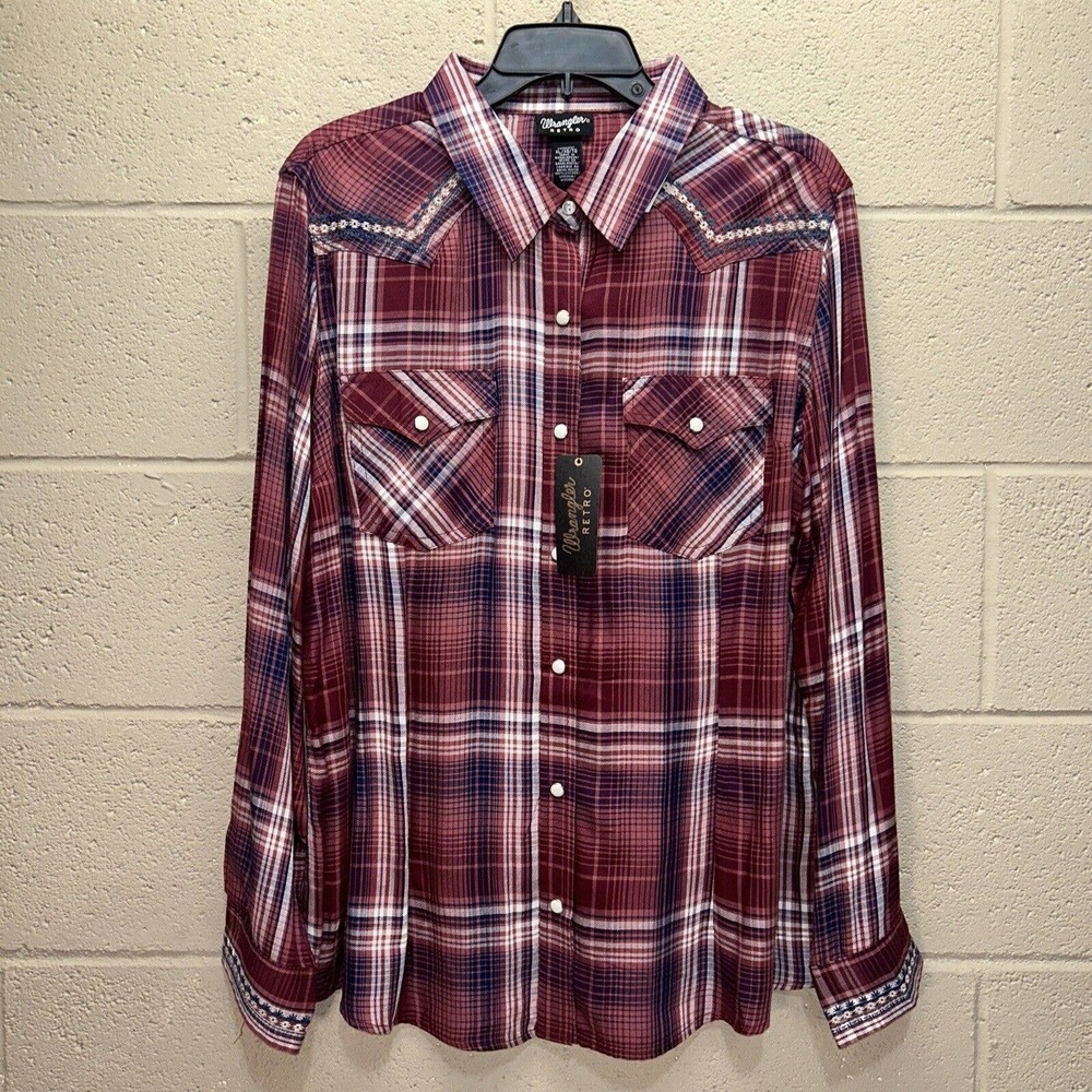 Wrangler Retro Shirt Women’s Size X-LARGE Pink Plaid Aztec Pearl Snap Western